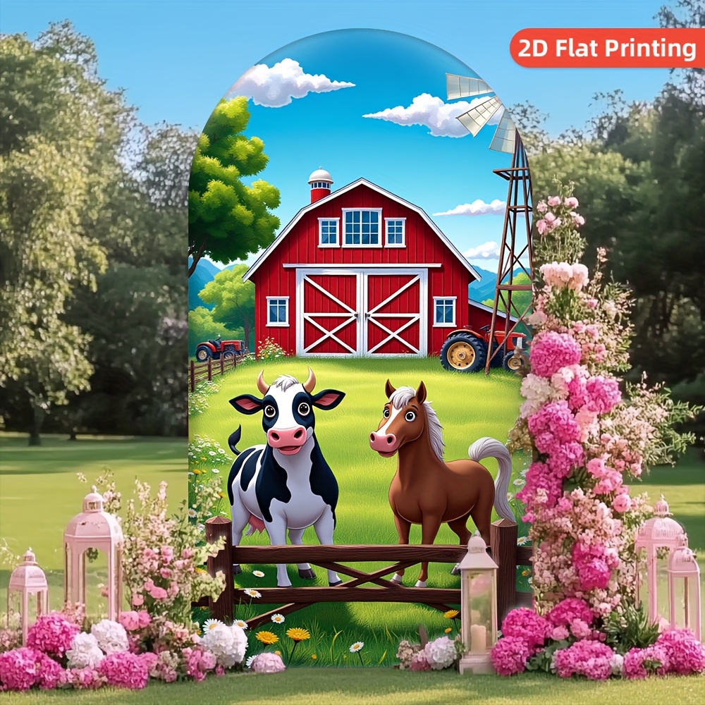 item picture 2d flat 1  barnyard wall hanging backdrop round top suitable for birthdays showers weddings adorable chicken decor party decoration with barn theme fabric stand not included 2d flat