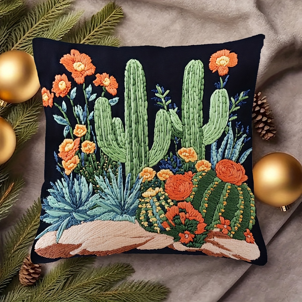 

Vintage-inspired Cactus & Floral Throw Pillow Cover, 18x18 Inch, Double-sided Design, Soft Plush, Zip Closure - Living Room Decor, Cactus Decor, Retro Cultural Style, Short Plush, No Pillow