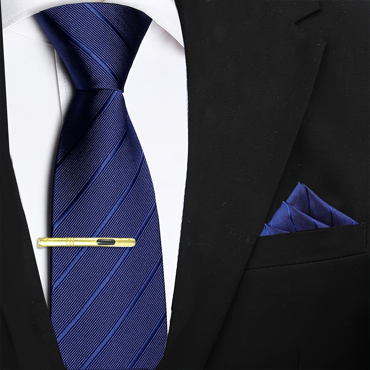 TEMU Ensemble trois pièces pour homme comprenant une cravate rayée à 1200 aiguilles pour affaires, une cravate à , un pochette et un pince-cravate.