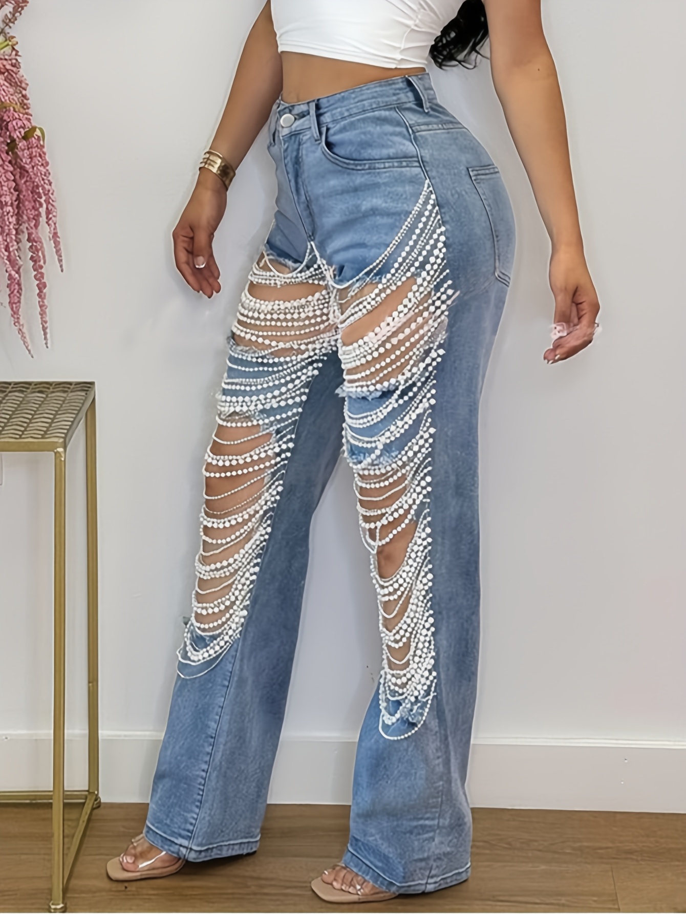 Perlas Pantalones Rotos Con Cadenas Adorno Cadena Perlas! Jeans