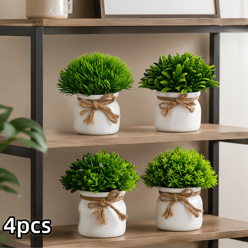 TEMU 4pcs Small Artificial Plants In White Ceramic Pots, Fake Greenery Potted Plants With Jute Bow, Mini Faux Plants For Home Bathroom Bedroom Office