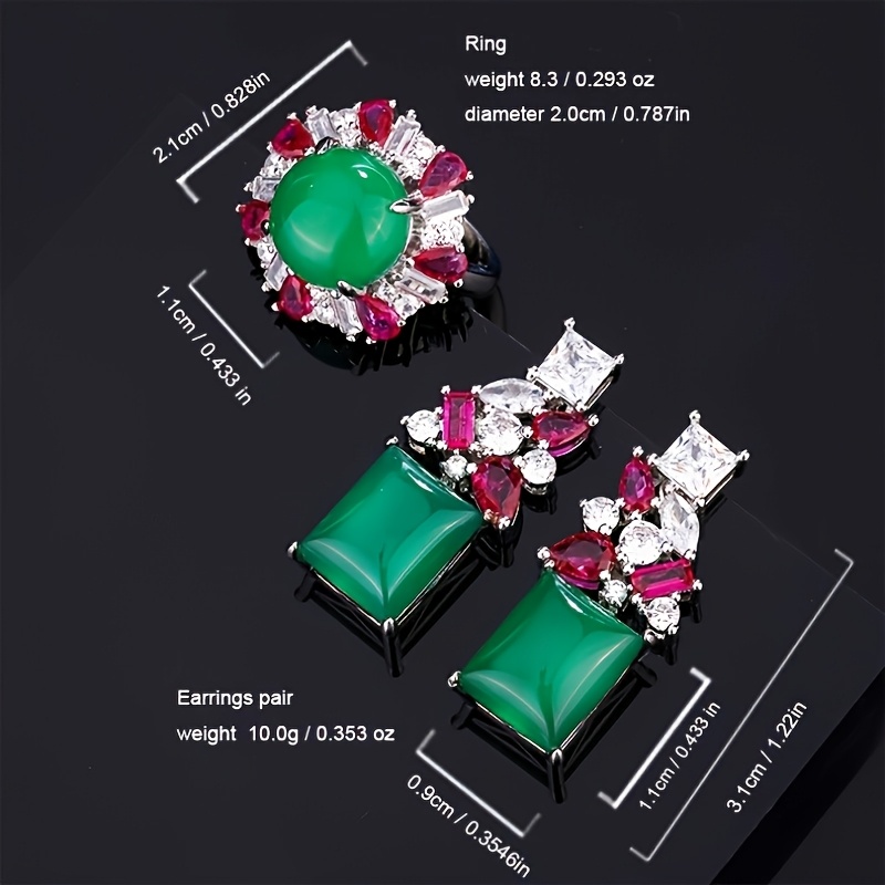 Luxurious Adjustable Ring & Princess Earrings Set, Green & Red Cubic Zirconia