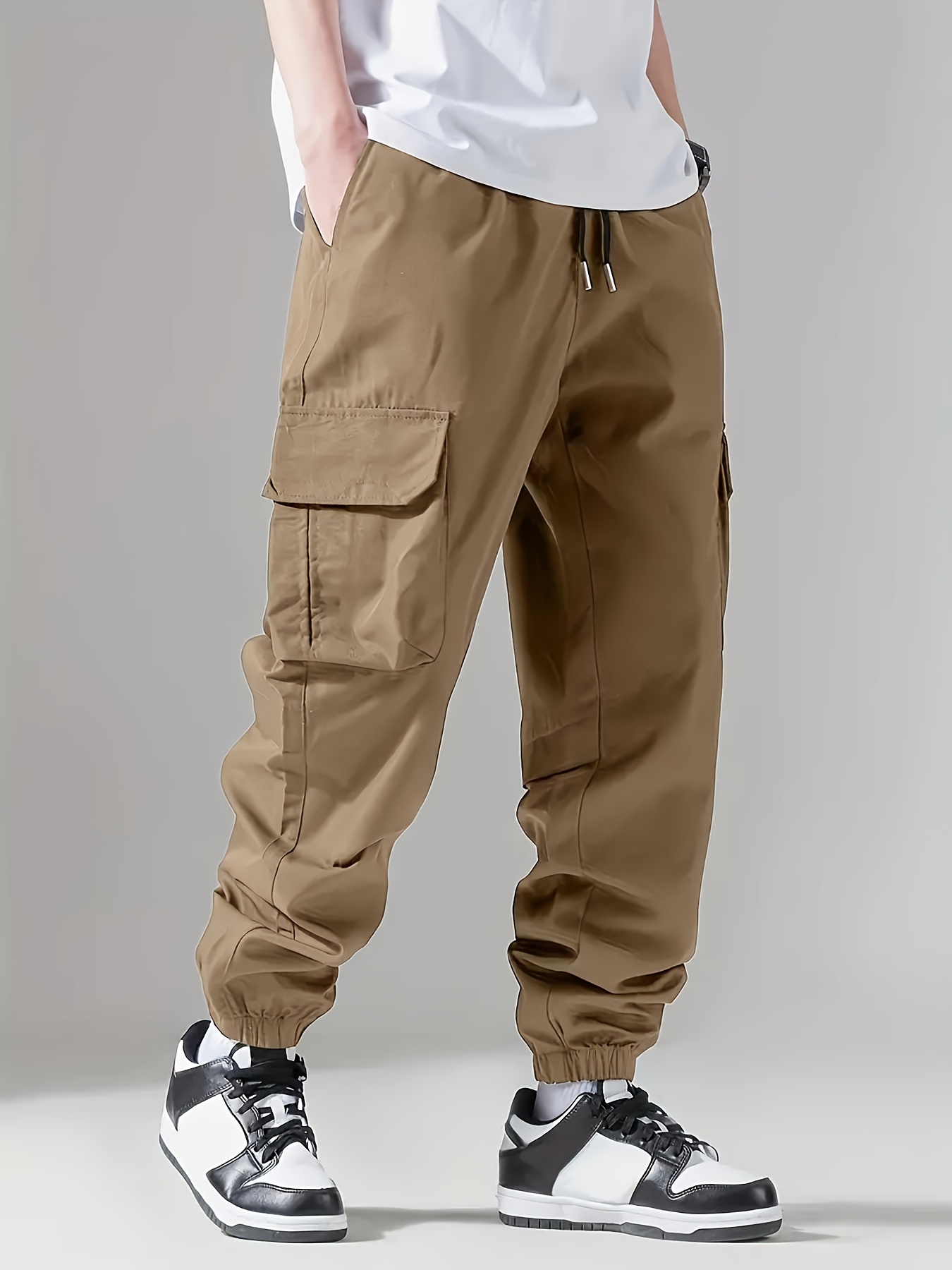 Khaki Pants Cargo Joggers With Belt Loops High Waisted Belted - Main Image
