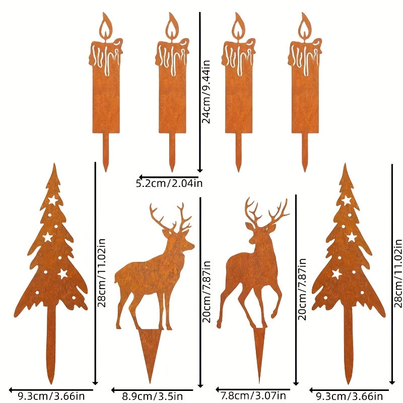 Image of 2d Flat - 8pcs Christmas Garden Stake Set: Includes 2 Rusty Christmas Trees, 2 Rusty Reindeer, And 4 Rusty Candles - Perfect For Outdoor Holiday Decoration