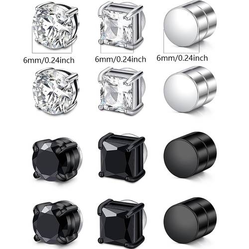 8 12pcs magnetic stud earrings for men round rhinestones square rhinestones embellished stud earrings