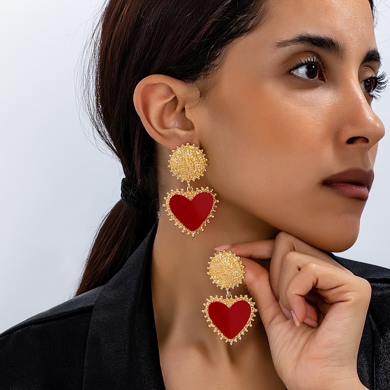 

Elegant Women's 18k Golden-plated Heart Dangle Earrings With Red Center & Textured Golden Accents - Luxurious Alloy & Iron, Fashion, Cute Earrings