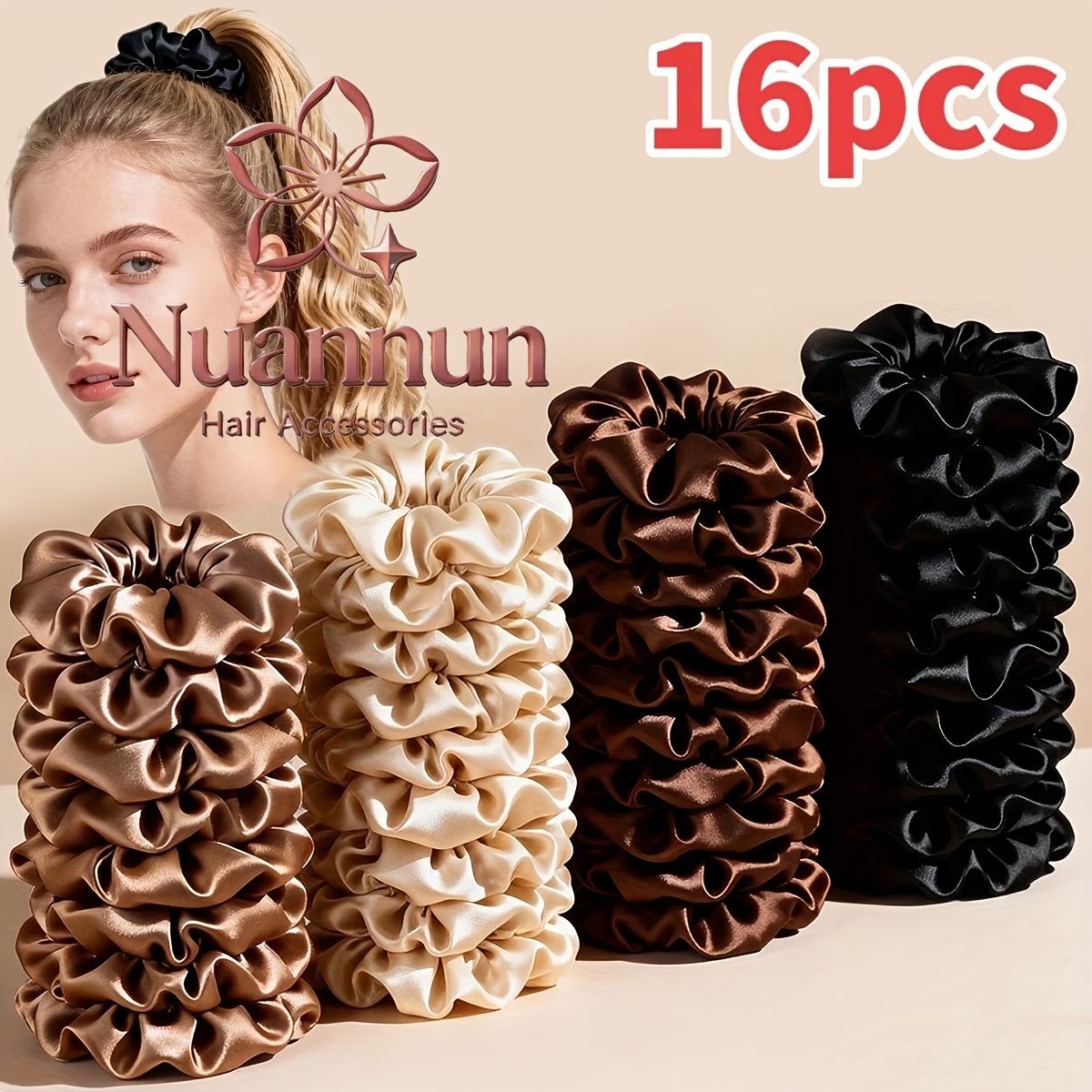 TEMU 16pcs Premium Minimalist Satin Solid Color Large Hair Scrunchies, 4-color Assortment Set, Suitable For All Hairstyles, Home Office Outdoor Daily