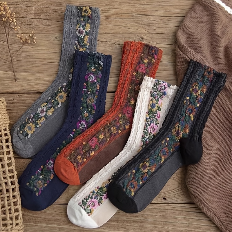 

Style Retro Floral Socks For Women, Ethnic Style Comfortable And Breathable Mid-calf Socks, Women's Socks & Short Socks