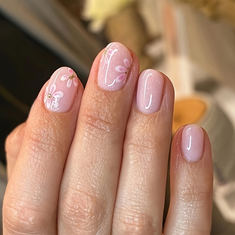 TEMU 24pcs Short Oval Press On Nails Pink Hand Painted Floral Sweet Glossy Full Cover Reusable Fake Nails Nail Tips Press On Nails Nail Art Set For