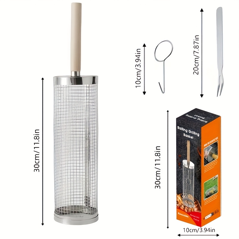 E-shop 3-tlg. Edelstahl-BBQ-Grill-Set mit Holzgriffen & Aufhängehaken – Robuster, tragbarer Outdoor-Grill, Grillkorb & Zange, gleichmäßige