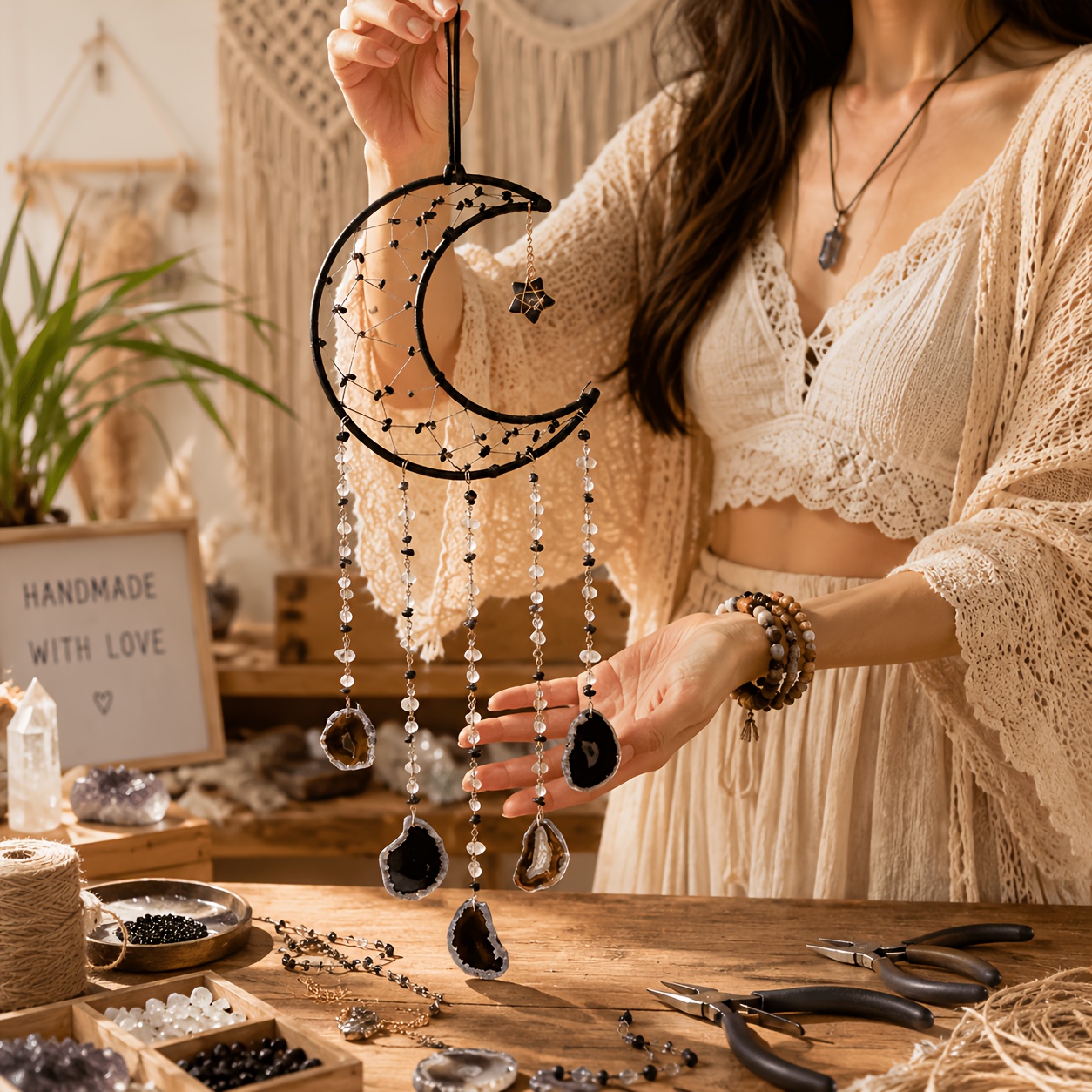 TEMU Gothic Moon Phase Agate Wind Chime, Natural Black Geode Slices Dreamcatcher Hanging Ornament With Crystals, Suncatcher Wall Decor For Bedroom