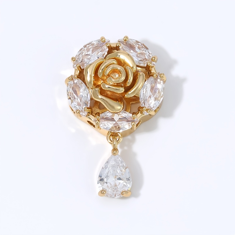 TEMU 1pc 1pcs 18k Gold Plated Micro-pave Cubic Rose Flower Teardrop Pendant - Suitable For Making, Handmade Charm Dangle For Necklace Bracelet