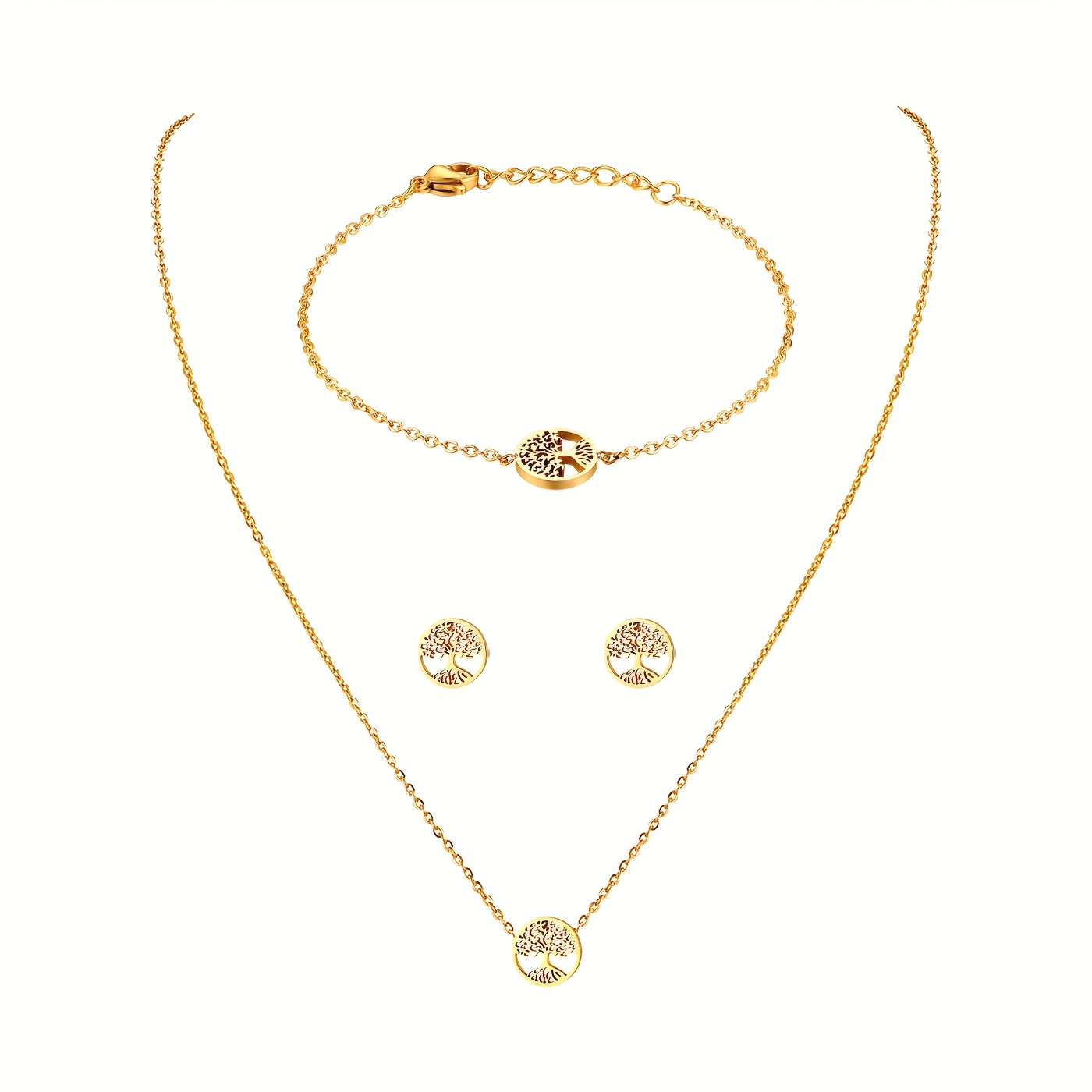 Set Of 3pcs Featuring A Stylish Of Life Pendant, Made Of Stainless Steel, Including A Necklace, Bracelet, And Stud Earrings For Women