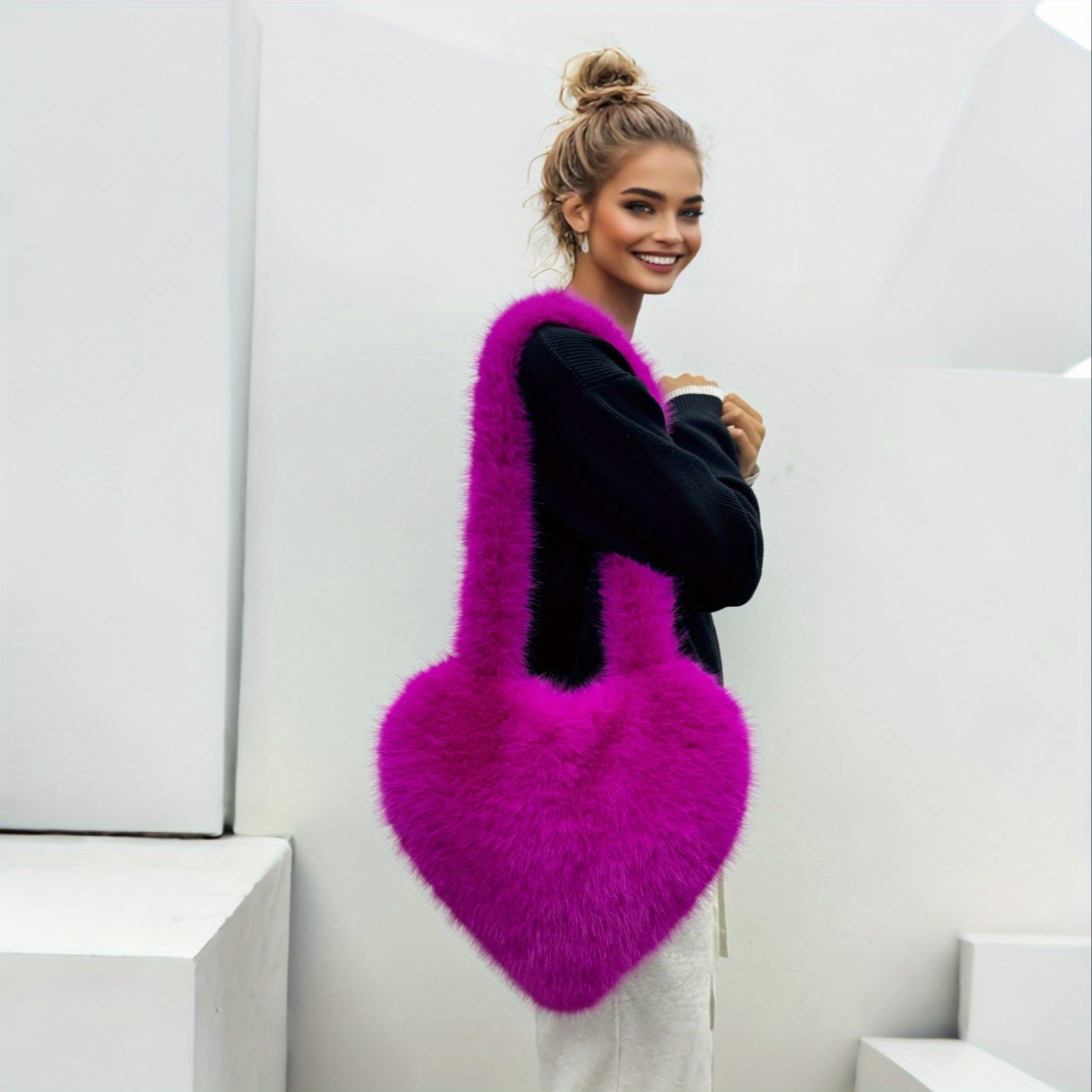 1pc chic womens heart shaped plush crossbody bag large capacity vintage   portable shoulder bag for travel streetwear black travel shoulder bag vintage   bag     fur bag rose red 0