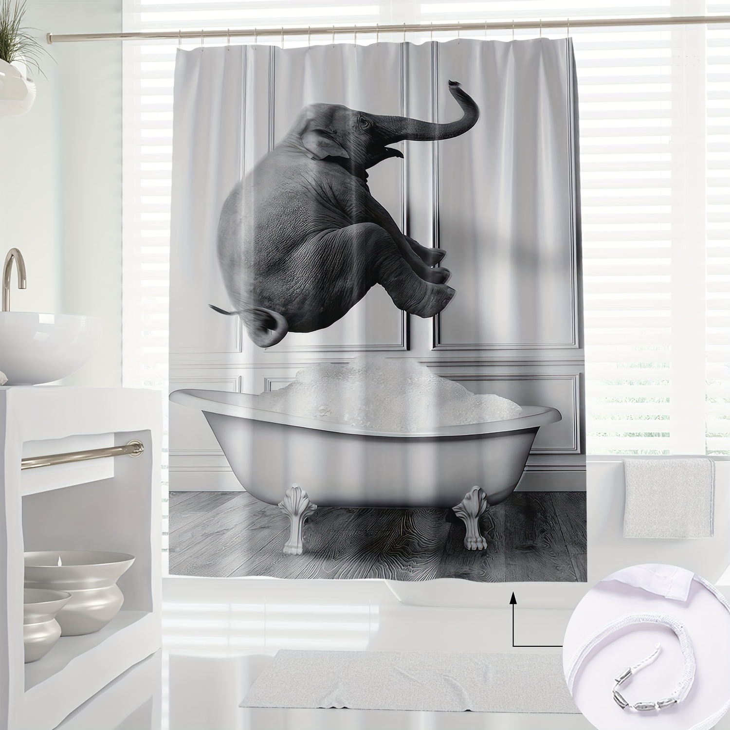 

Elephant Cartoon Print Shower Curtain - Waterproof, Machine Washable With Hooks Included - All Bathroom Decor