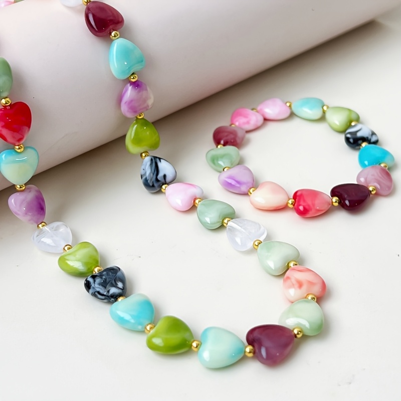 TEMU 2pcs Heart Bead Necklace Bracelet Set, Y2k Dopamine Series, Resin Material Natural Texture With Golden Spacers, Stackable Jewelry For Women And,