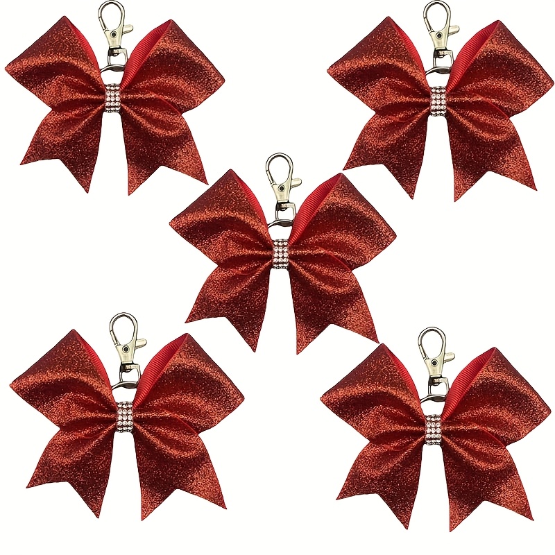 Image of 5pcs Sparkling Glitter Cheer Bow Keychain - Rhinestone Sequin Hair Accessory For Teen, Perfect For School & Sports Events, Senior, Softball, Football Cheerleader