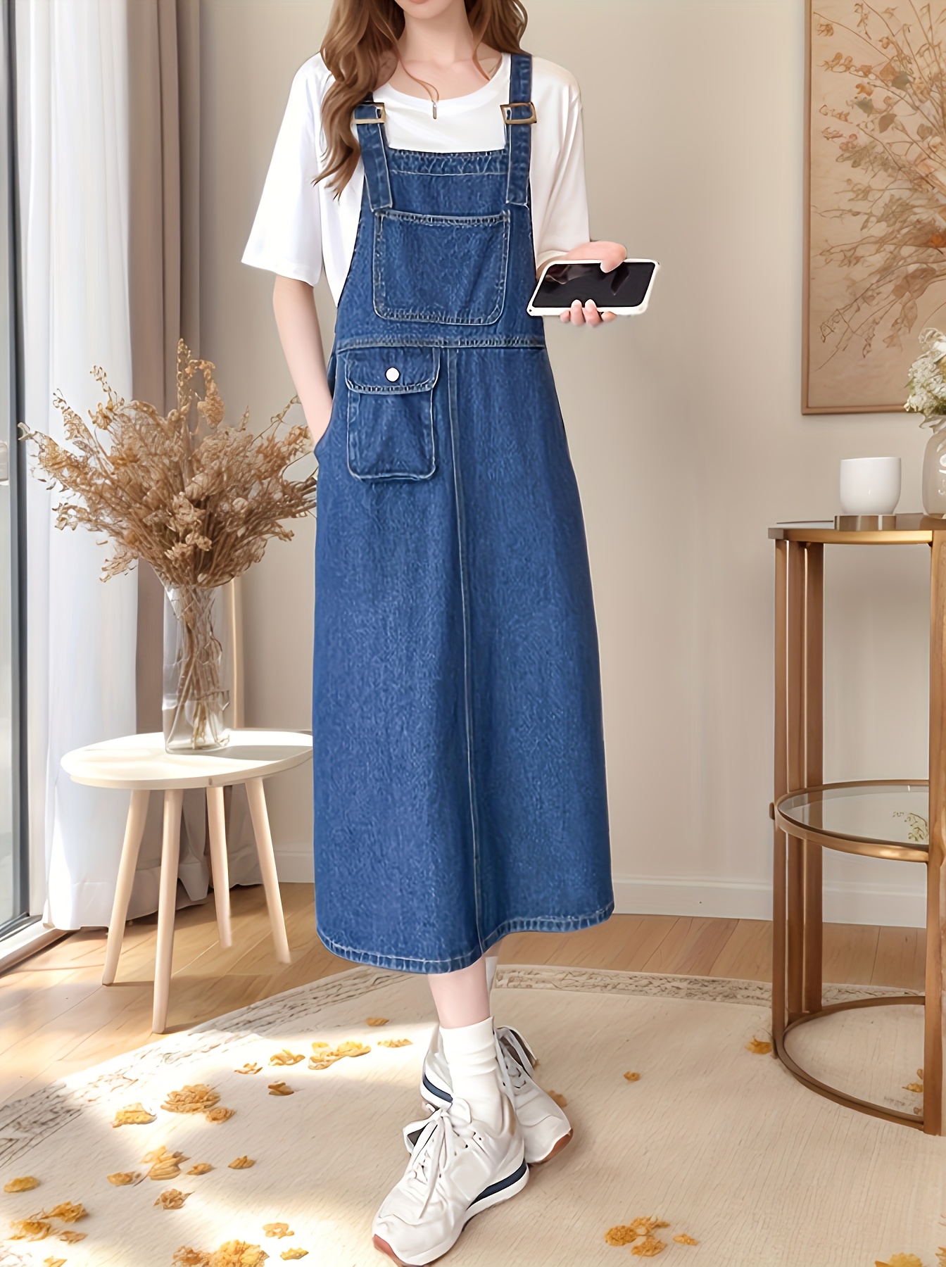 Women'S Denim Overall Dress with Large Pockets Elegant Blue Non-Stretch  Fabric, Sleeveless A-* for Spring/*r Casual Wear, Casual