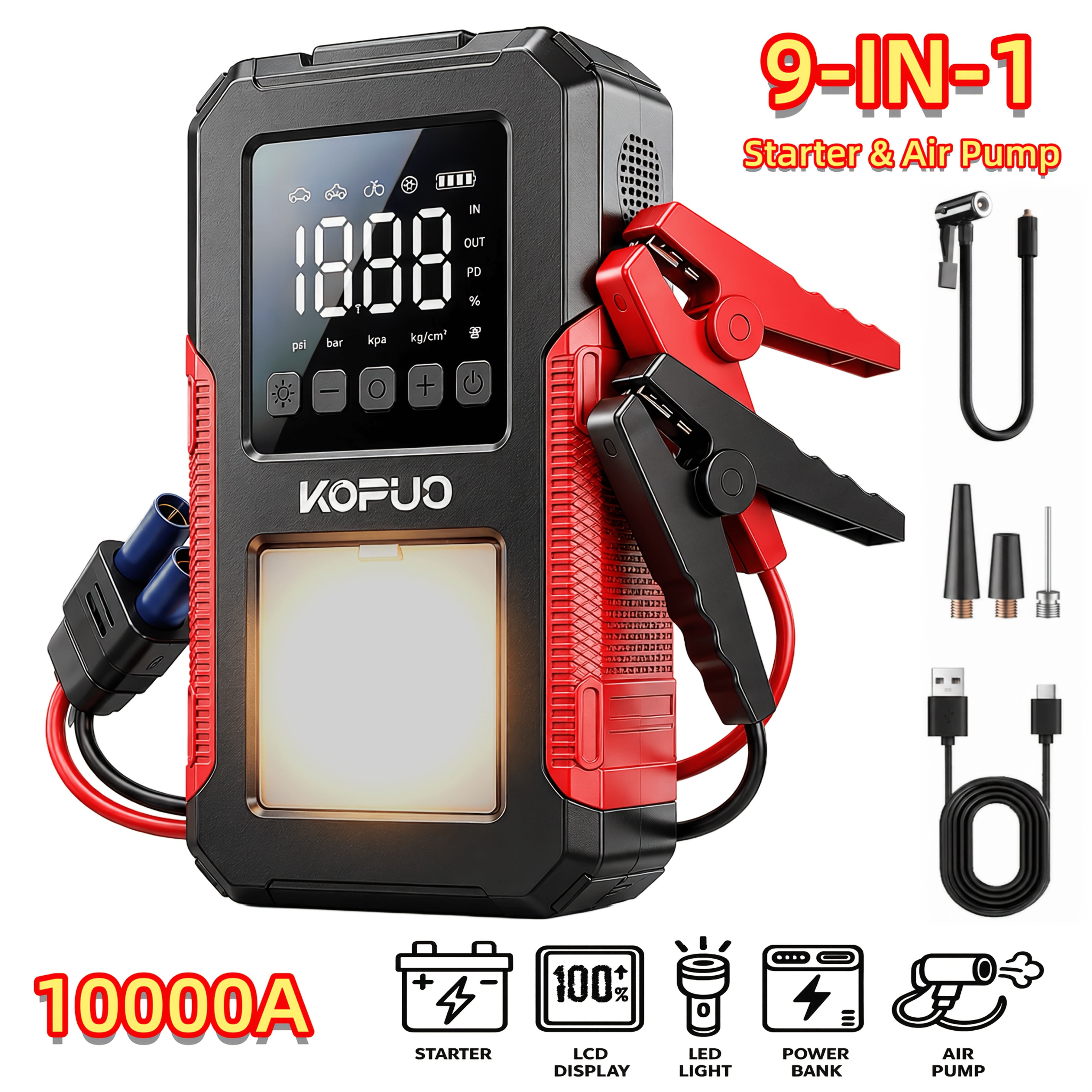 TEMU Kopuo 7000a/8000a Jump Starter Optional 10000a 12v Car Jump Starter With Air Compressor, Heavy Duty Pack With 160psi Portable Tyre Inflator,