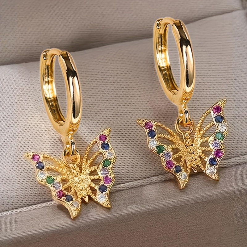 E-shop 1 Paar Exquisite Eingefasste Multicolor Zirkonia Schmetterling Anhänger Ohrringe für Frauen Täglich Lässig Party Luxus Goldene Ohrringe Geschenk