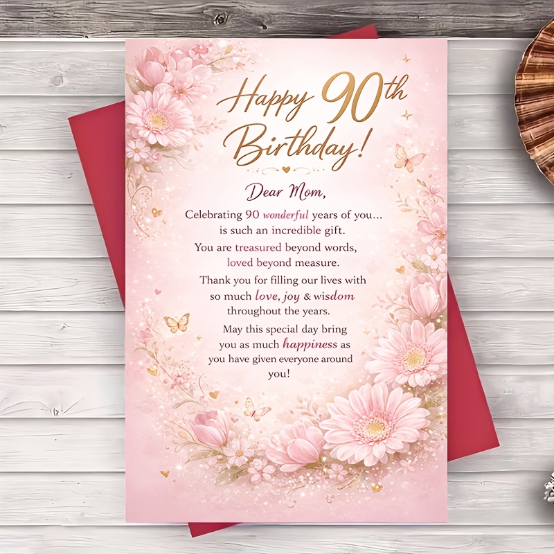 TEMU 1 Envelope And 1 Greeting Card 90th Birthday Card For Mom Pink Floral Keepsake Elegant Greeting For Wife Sister Aunt Grandma From Celebration