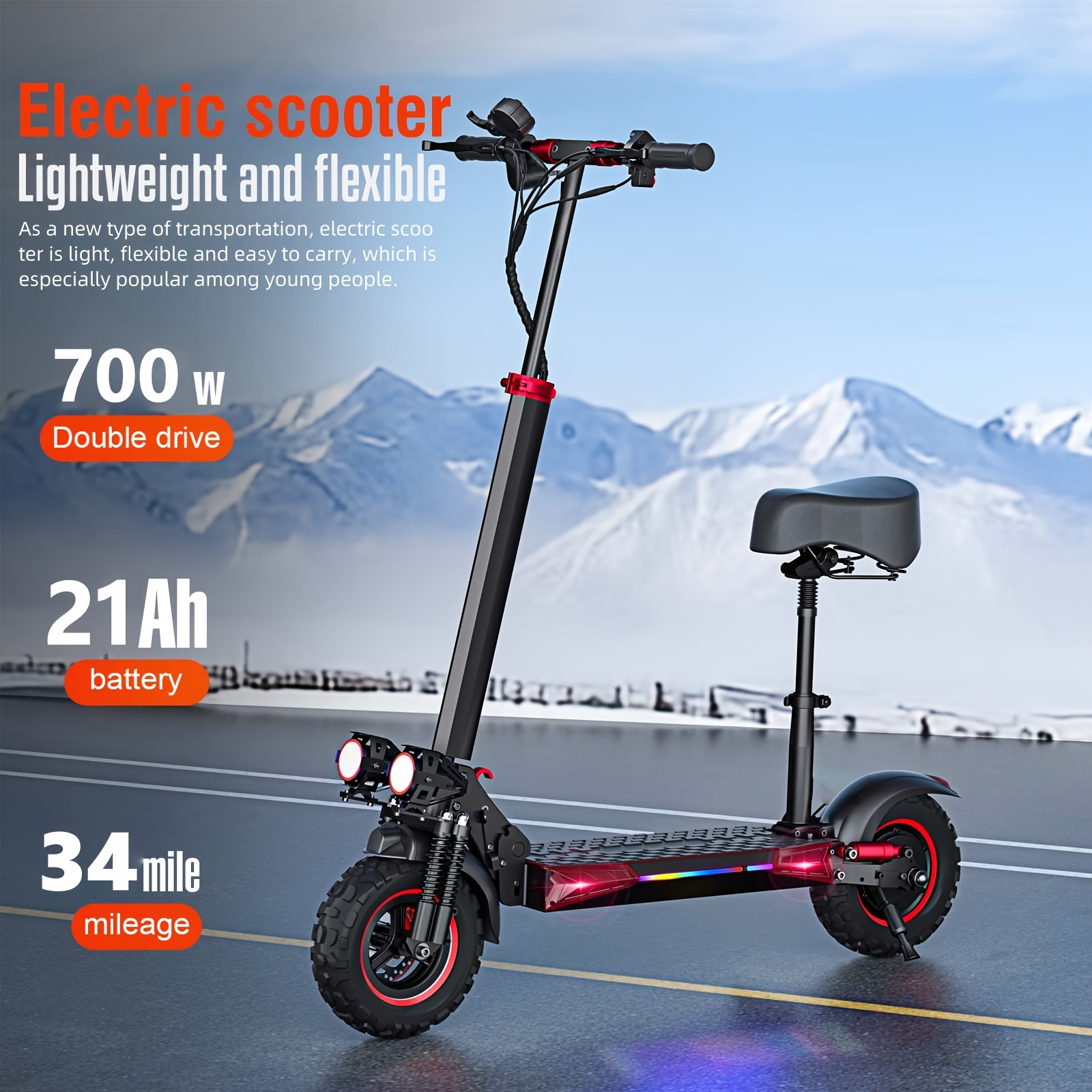 folding electric scooter 700w motor 19 mph   11 inch large tires 31 mile range single drive black and red with led lights and seat Product details 1