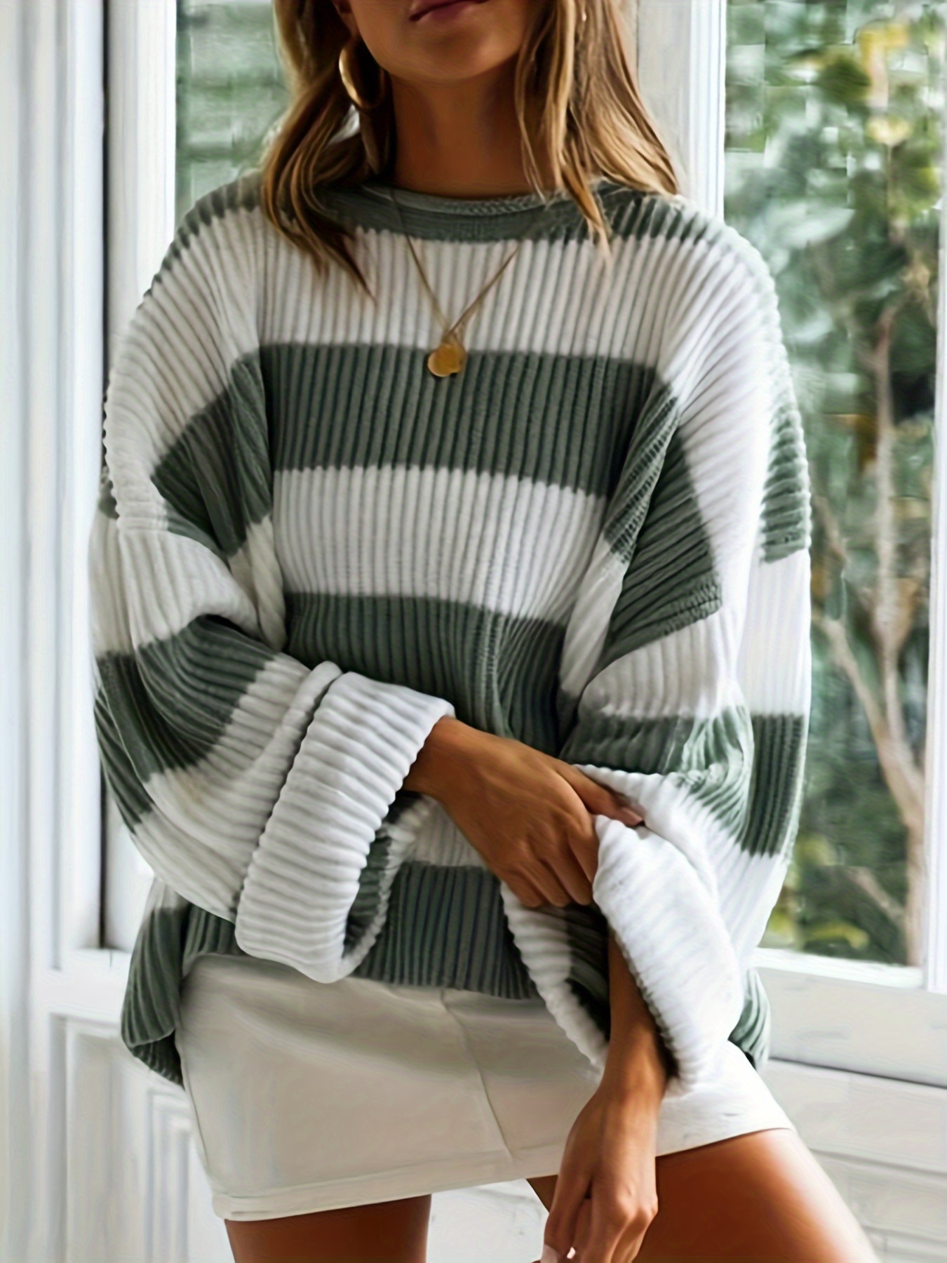 womens casual striped sweater loose fit long sleeve round neck ribbed texture beige brown vertical stripes relaxed fit for fall winter casual wear relaxed fit sweater construction sweater dress green 3