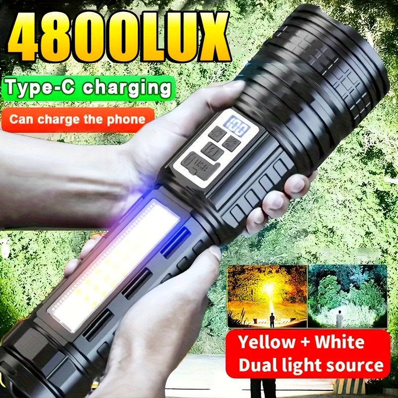 

Rechargeable Flashlight With Dual White/yellow , Cob Side Light - Ideal For Fishing, Hunting, Tactical Use