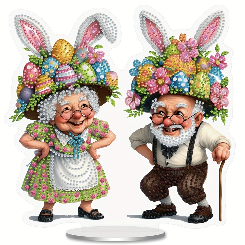 

Easter Diy Diamond Painting Kit - Grandparents With Bunny Ears & Eggs, Acrylic Mosaic Table Decor, Perfect Gift For Home Decoration