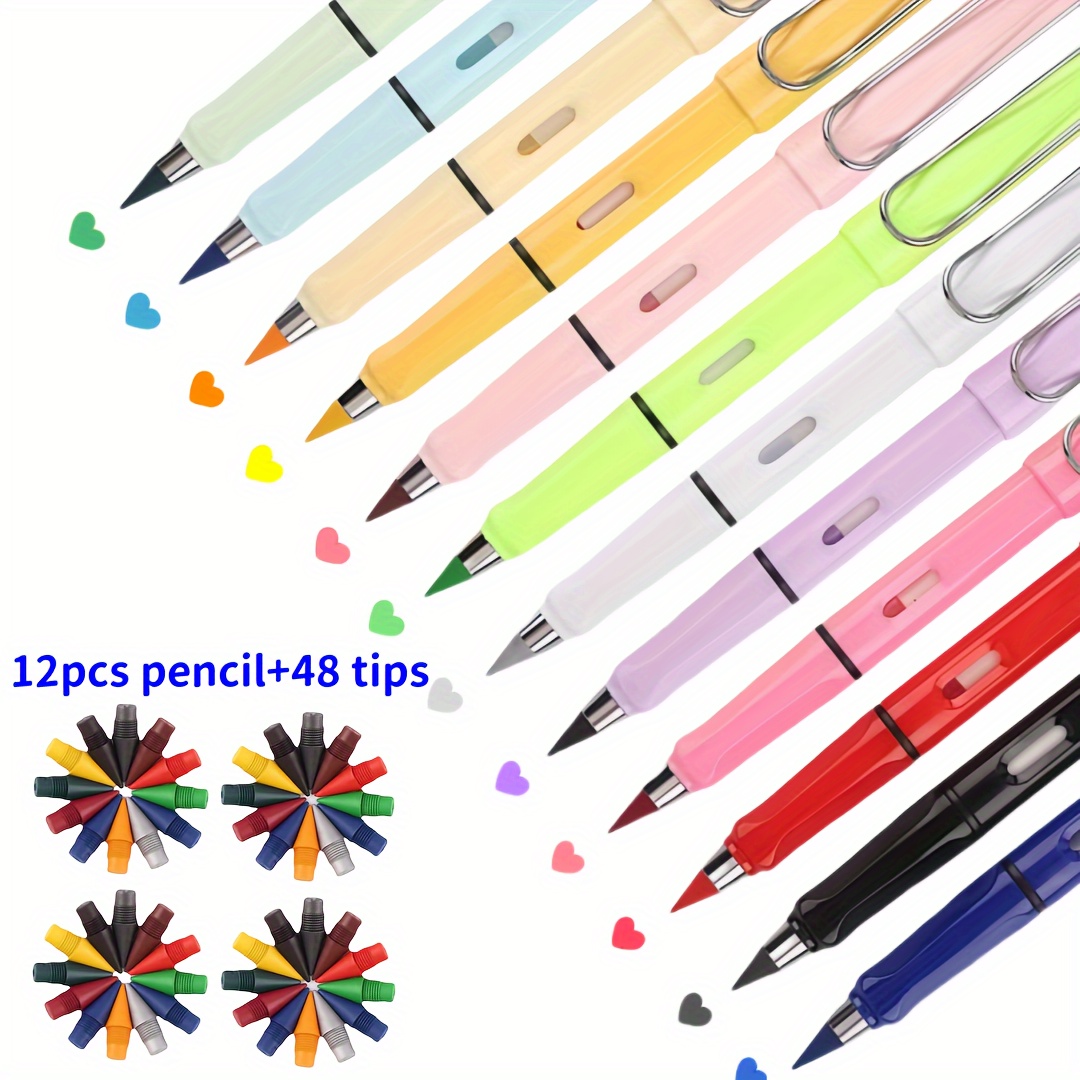

12pcs Color Pencil And 48pcs Replaceable Tip, 60pcs/set, Each Pencil With An Eraser, Infinity Pencil-never Sharpen Everlasting Inkless Pencil For Sketch, Drawing, School Supplies Eternal Pencil