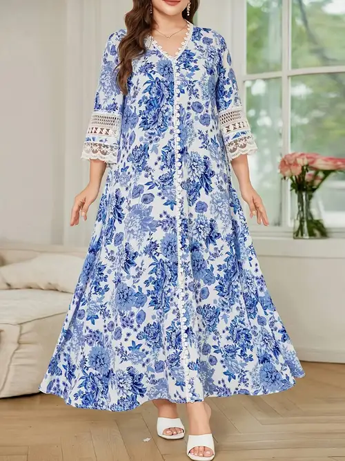 Plus Size, Plus Size Women's Bohemian Style Vacation Dress, V-Neck, Floral Print, with Cut-Out Lace Trim * * * as a Beach Dress or Vacation Dress, Bohemian Style... * Plus Size, Plus Size Women's Bohemian Style Vacation Dress, V-Neck, Floral Print, with Cut-Out Lace Trim * * * as a Beach Dress or Vacation Dress, Bohemian Style... *