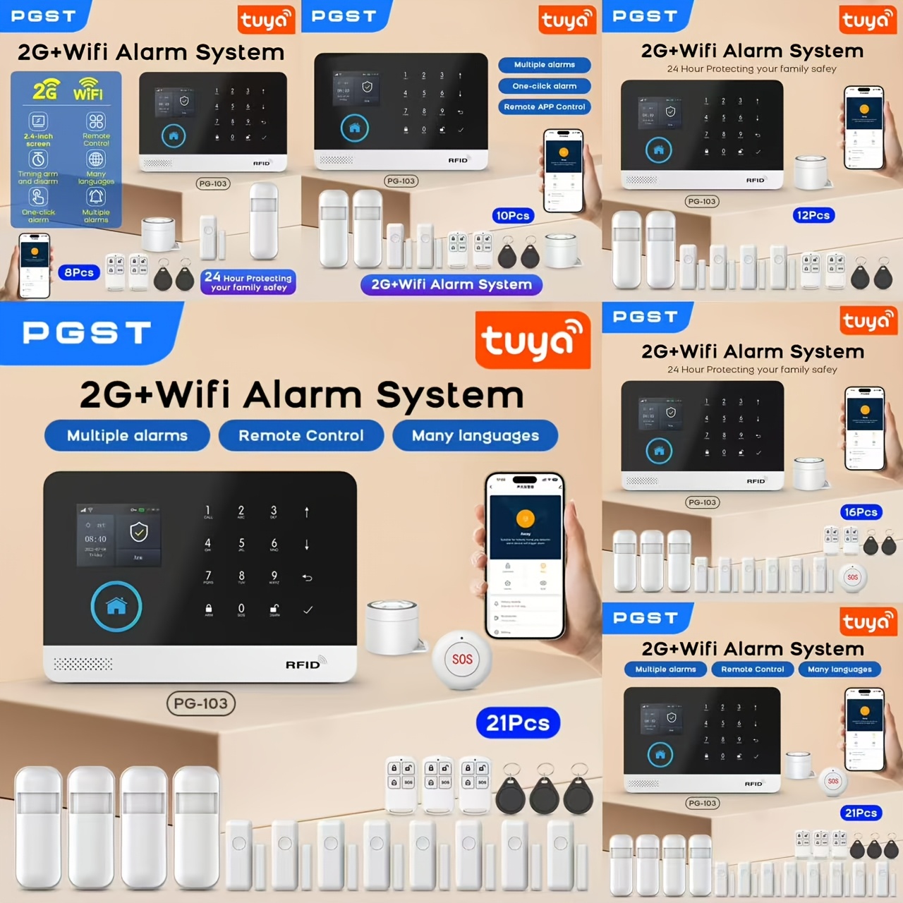   2g+  kit de alarma sin varillas wifi para   de seguridad para el hogar inteligente con panel de pantalla táctil - paquete de protección completa para la casa - sensores de movimiento, contactos de puerta, llaveros,   - control remoto por aplicación - configuración   de