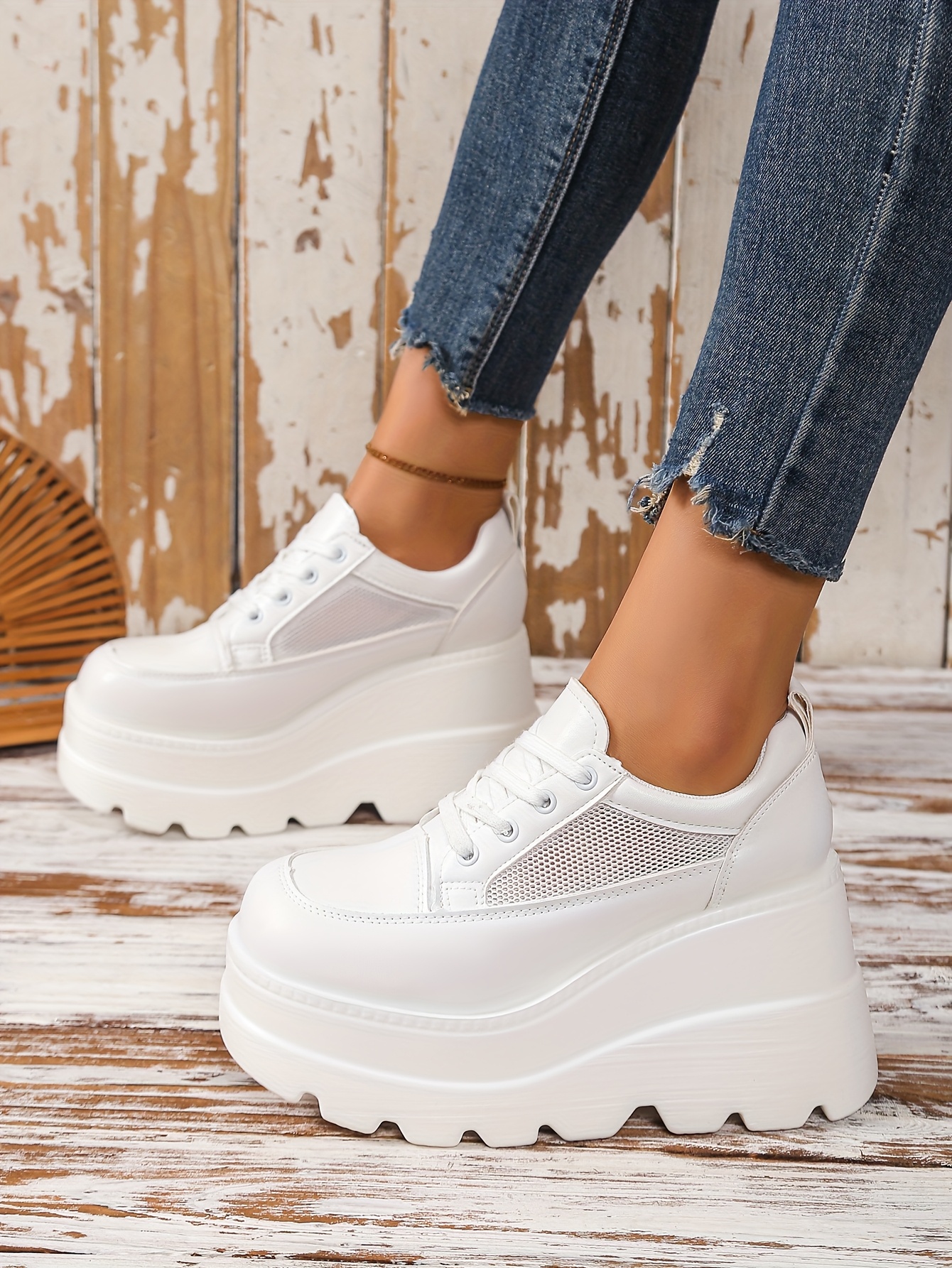 women's comfortable white platform wedge sneakers breathable