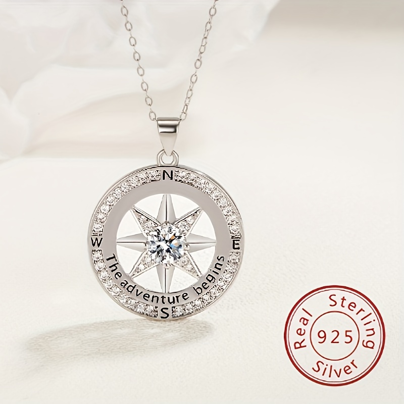 

925 Sterling Silver Compass Necklace With Zircon Decor, Luxury Round Charm Jewelry Gifts For Women With Gift Box