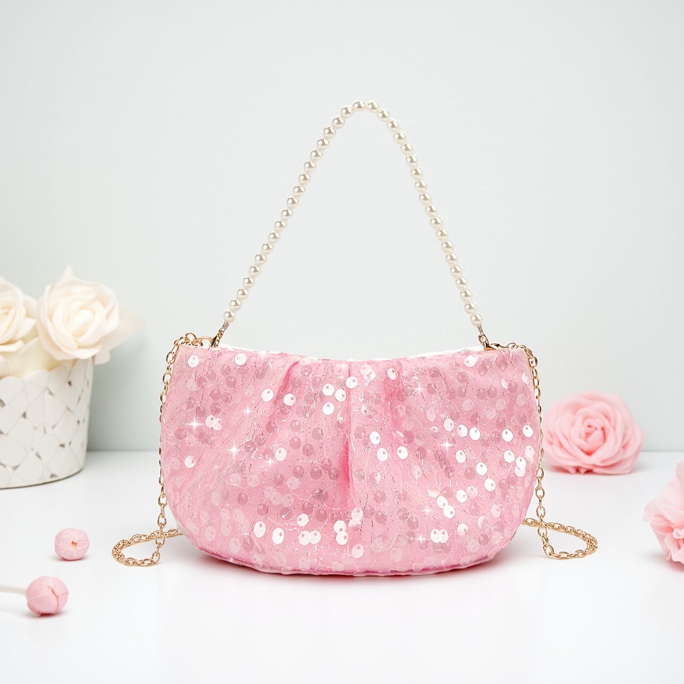 Image of 1pc Women's Sequin Crossbody Bag With Metal Chain Strap & Zipper Closure - Shiny Clutch For Weddings, Night Out - Lightweight Handbag Suitable For Evening Events, Daily Use