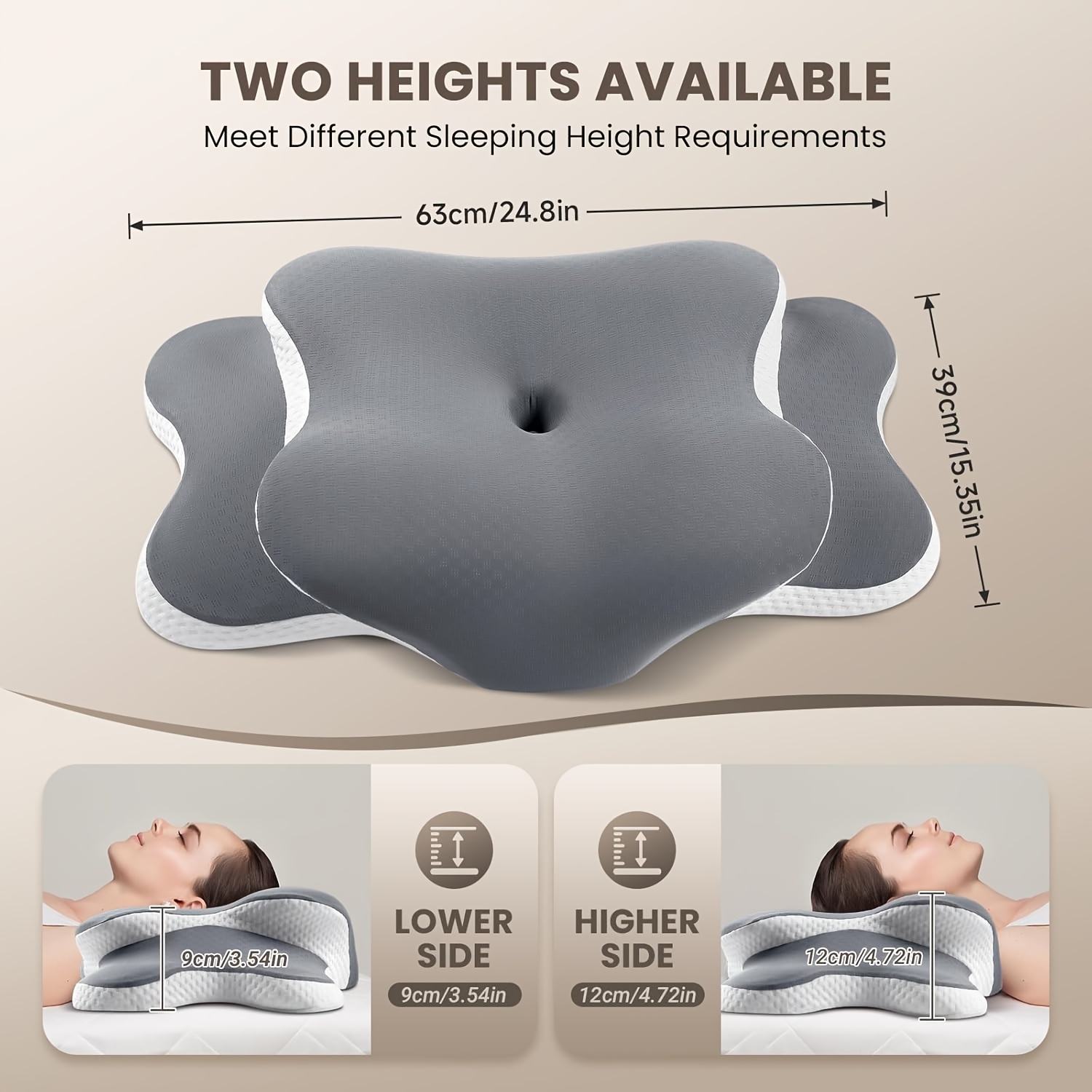 1pc Pillow Ergonomic Pressure Relief, Cervical Support For Side/back/stomach Sleepers, Washable Cooling Silk Pillow Case, Grey (9/12cm & 12/14cm Height Options)