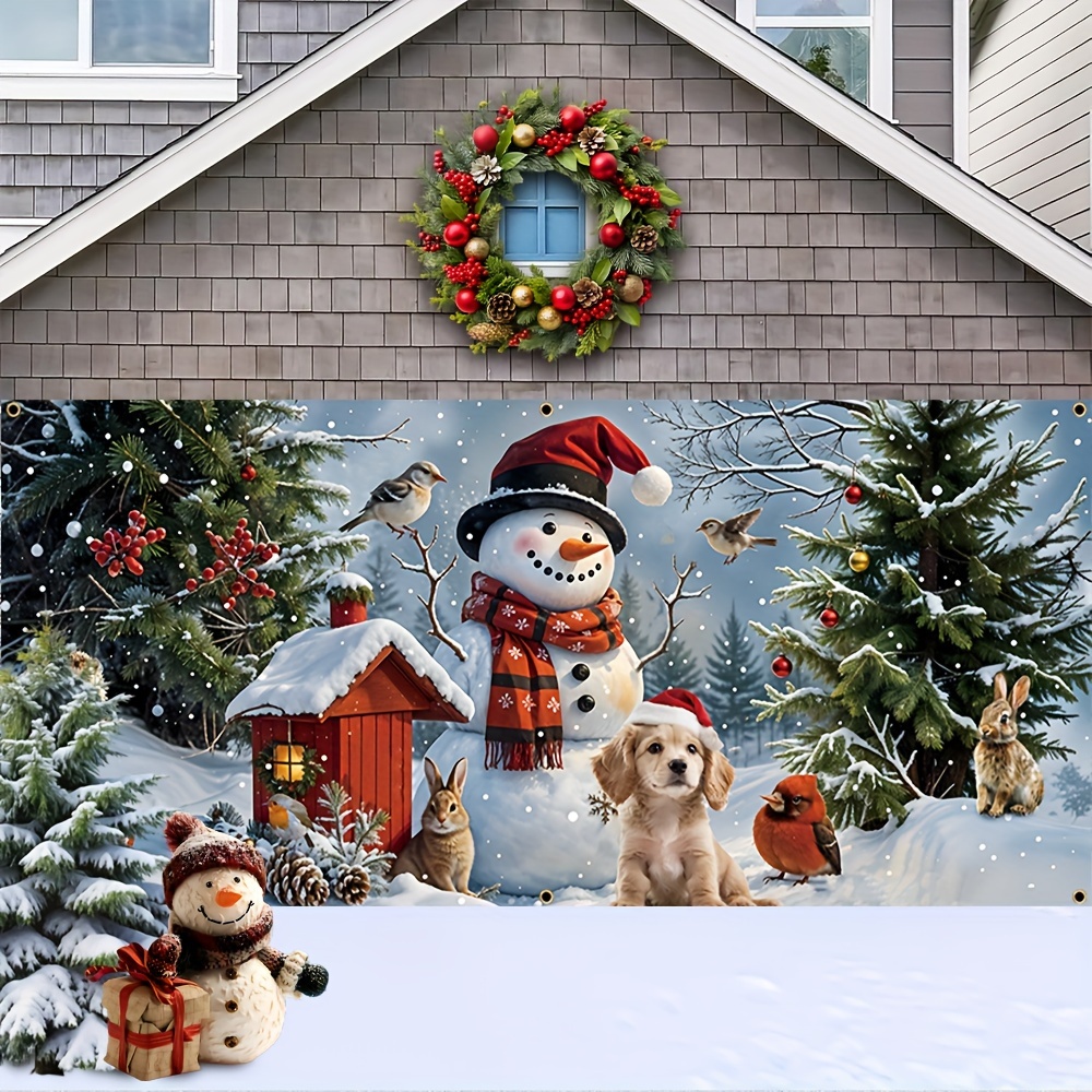 

Christmas Cheer Garage Banner - Durable Polyester, Snowman & Puppy Design With Christmas Tree, Perfect For Winter Celebrations & Home Decor, 71x157 Inches