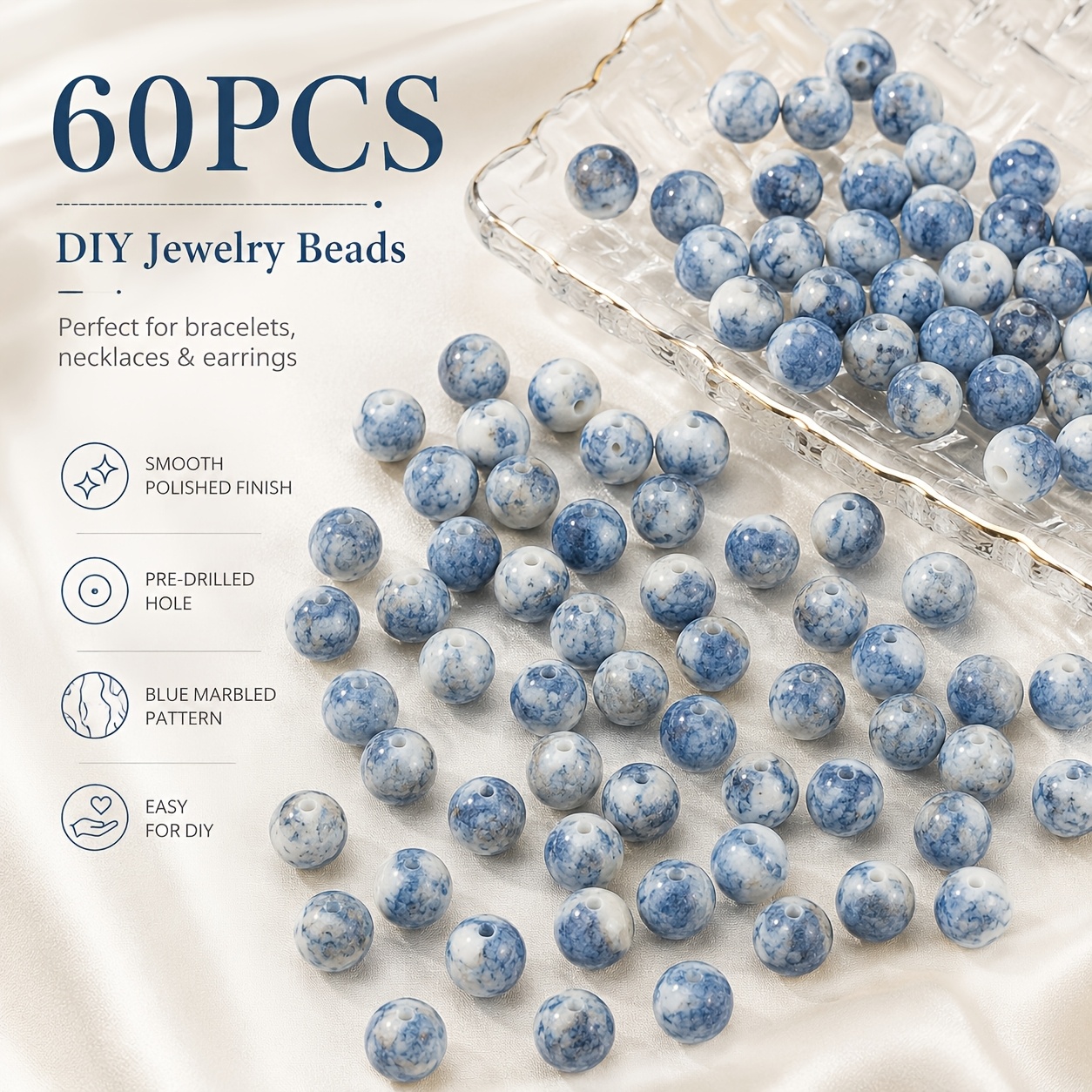 TEMU 60pcs, Perles Décoratives en Verre Motif Bleu 8Mm, Artisanat de Bijoux, Convient pour Bracelets, et Breloques de Voiture - Ajouts et Matériaux