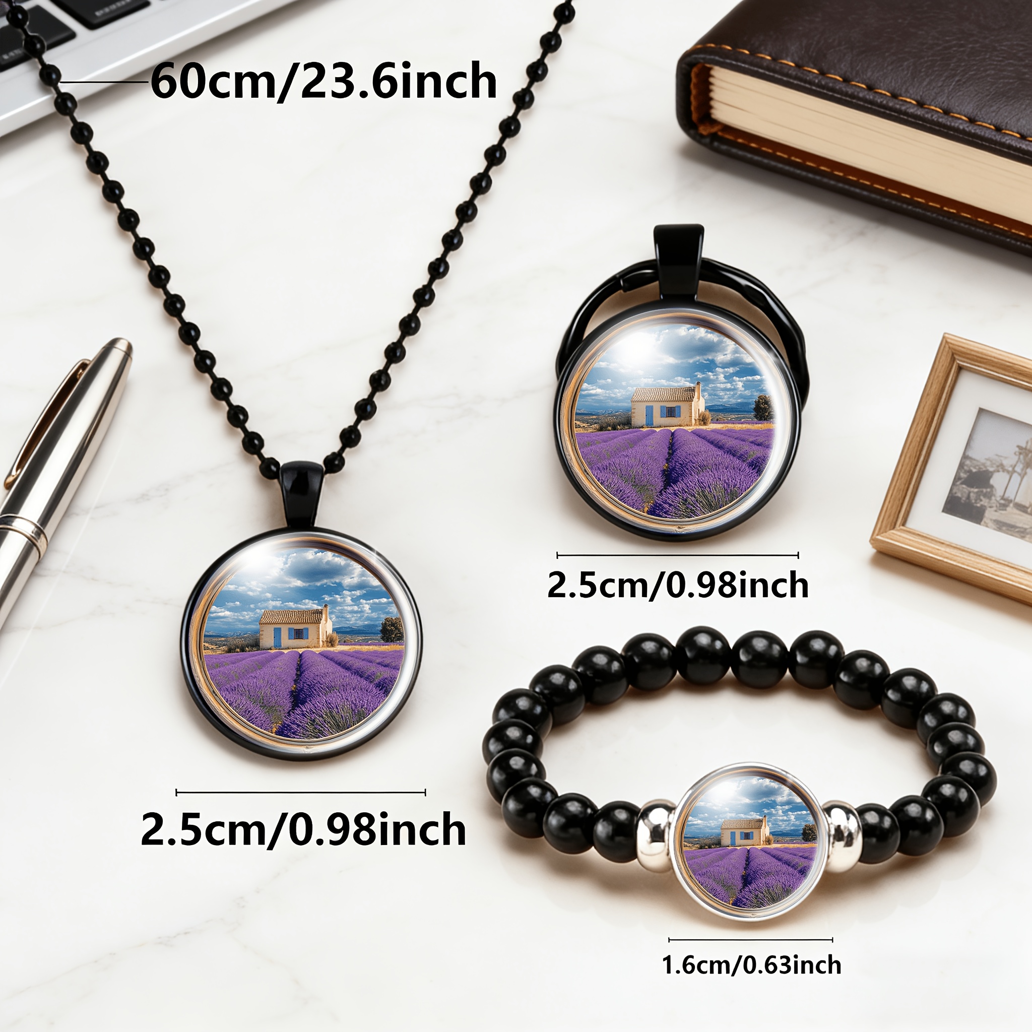 3pcs Men's Black Accessory Set with Circular Glass Pattern