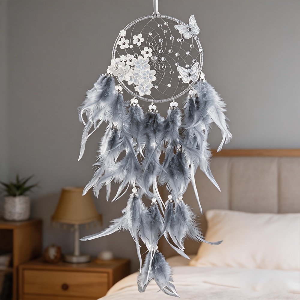 Handmade Silvery Butterfly Floral Grey Gradient Feather Dream Catcher