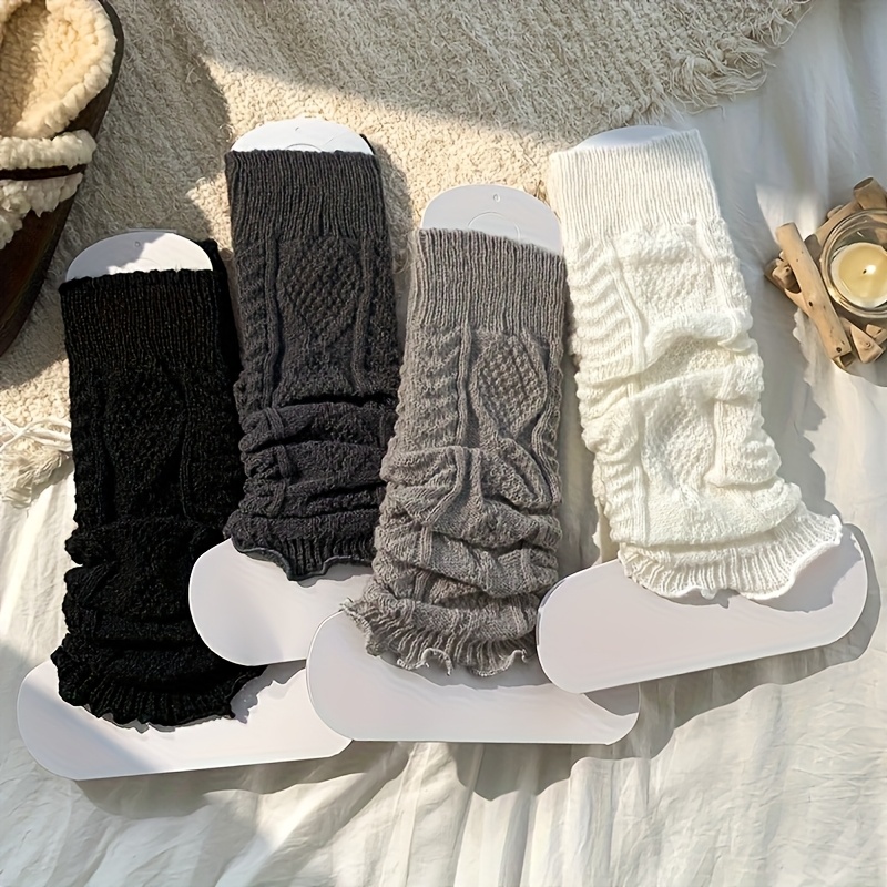 TEMU 4 Pairs Of Women's Diamond Lace Stockings Calf Socks Ribbed Edges Winter Warm Stripes Solid And Over Knee Comfortable Socks Versatile Japanese