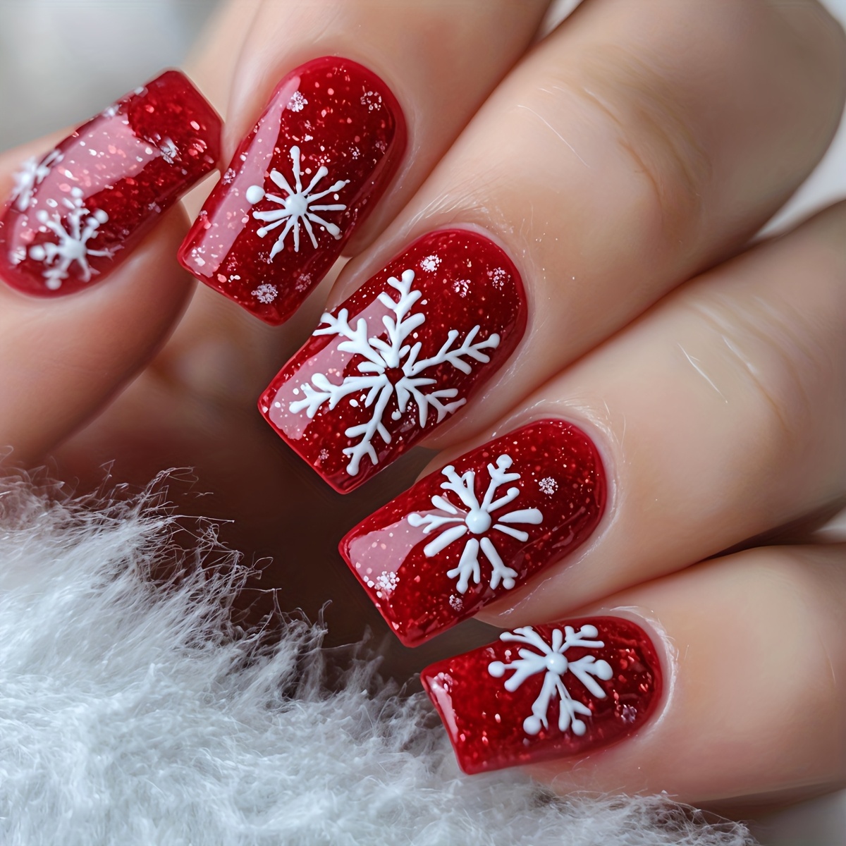 TEMU Christmas 24pcs Medium Length Glossy Red Snowflake Nails White Snowflake Nail Art Detachable False Nails Wine Red Nail Stickers Convenient For
