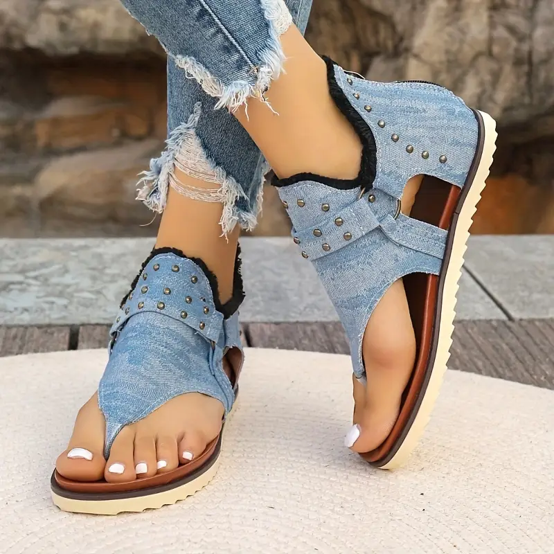 womens summer thong sandals casual flat sandals with denim straps and studded accents breathable canvas for beach wear details 1