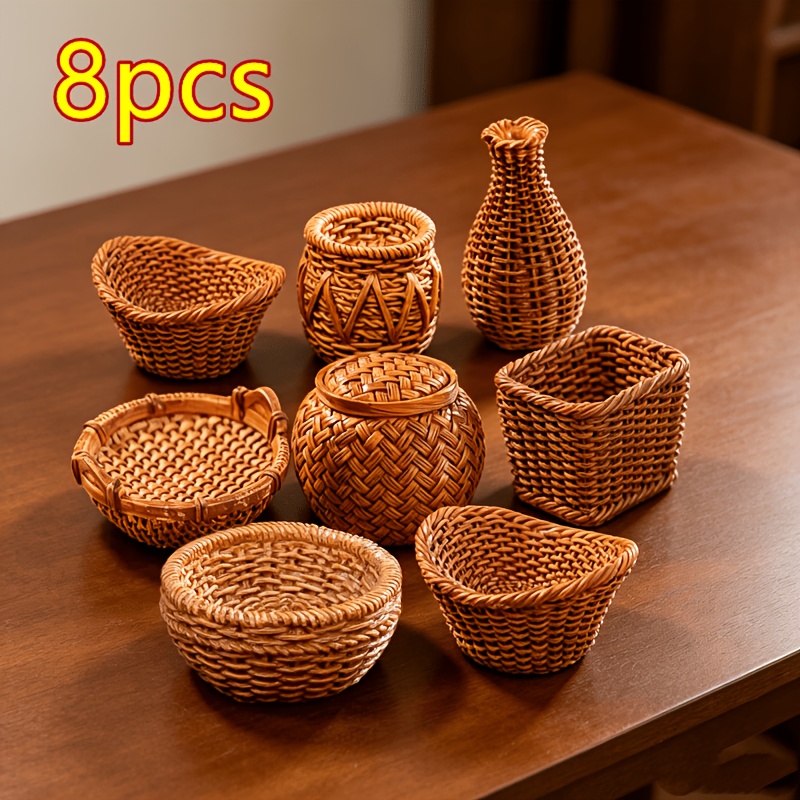 TEMU 8pcs Miniature Woven Basket Models, Woven Basket - Dollhouse Kitchen Bedroom Decoration, Micro Landscape Scenery Ornaments, Very Suitable For