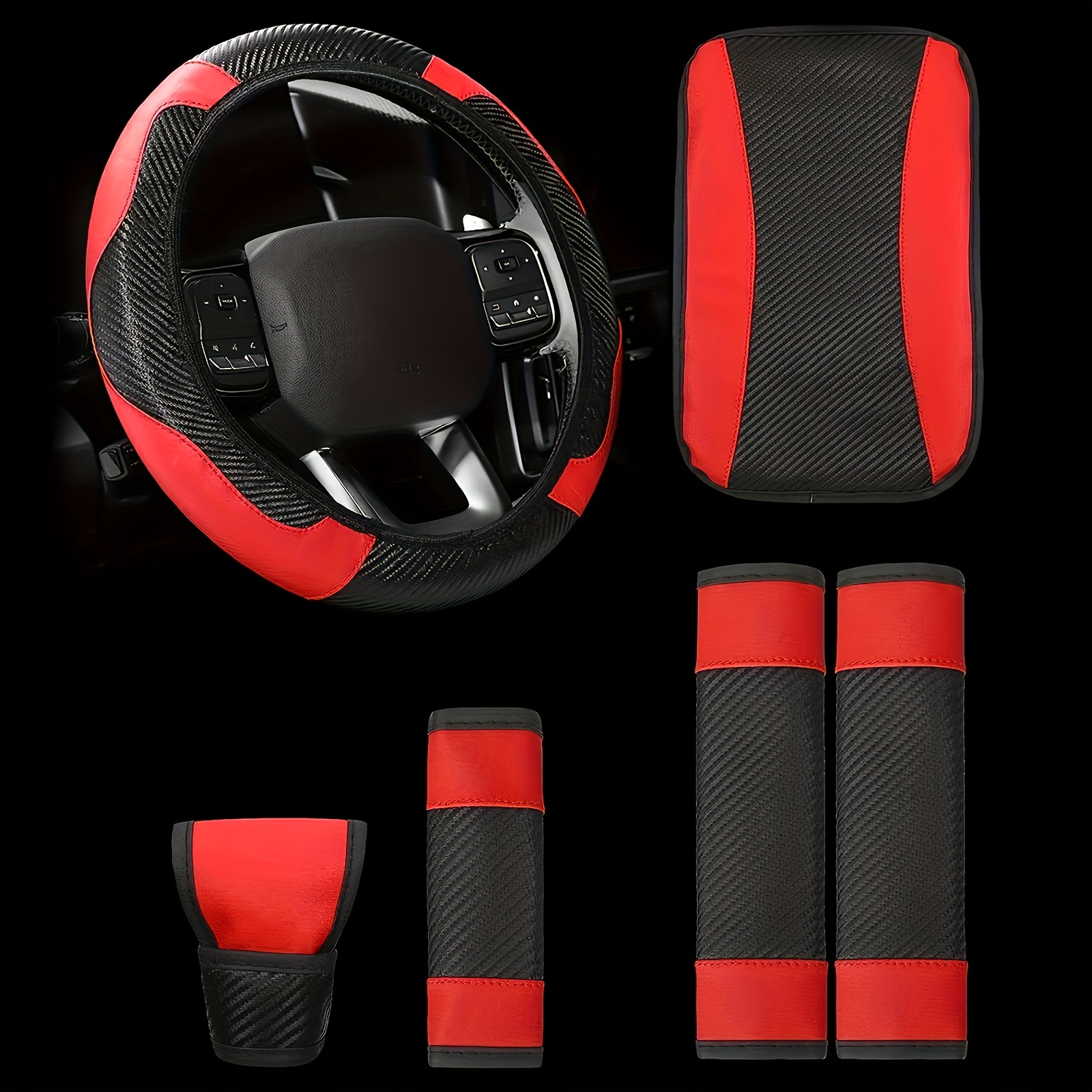 

6pcs Interior Set - Premium Faux Leather, Non-slip Steering Wheel Cover, Console & Seat Belt Pads - Fit For Most Cars & Suvs