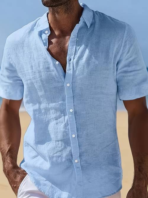 mens short sleeve shirt summer beach button up solid color lapel shirt