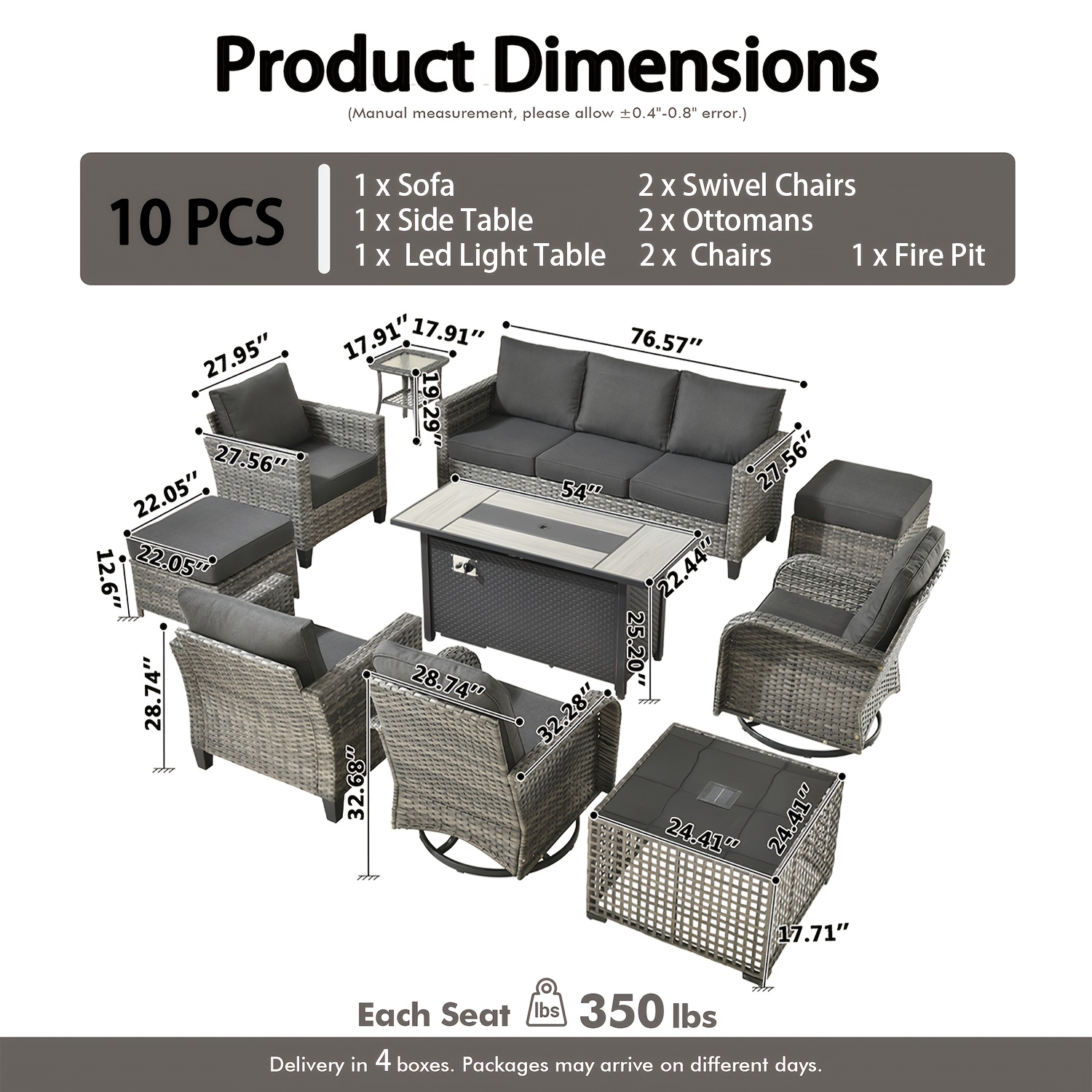 10pcs outdoor patio furniture sets with 54 fire pit table and solar led light coffe table all weather pe rattan sectional sofa conversation set with swivel rocking chairs outside modular couch with thick cushions for backyard deck 7 seats Product details 8