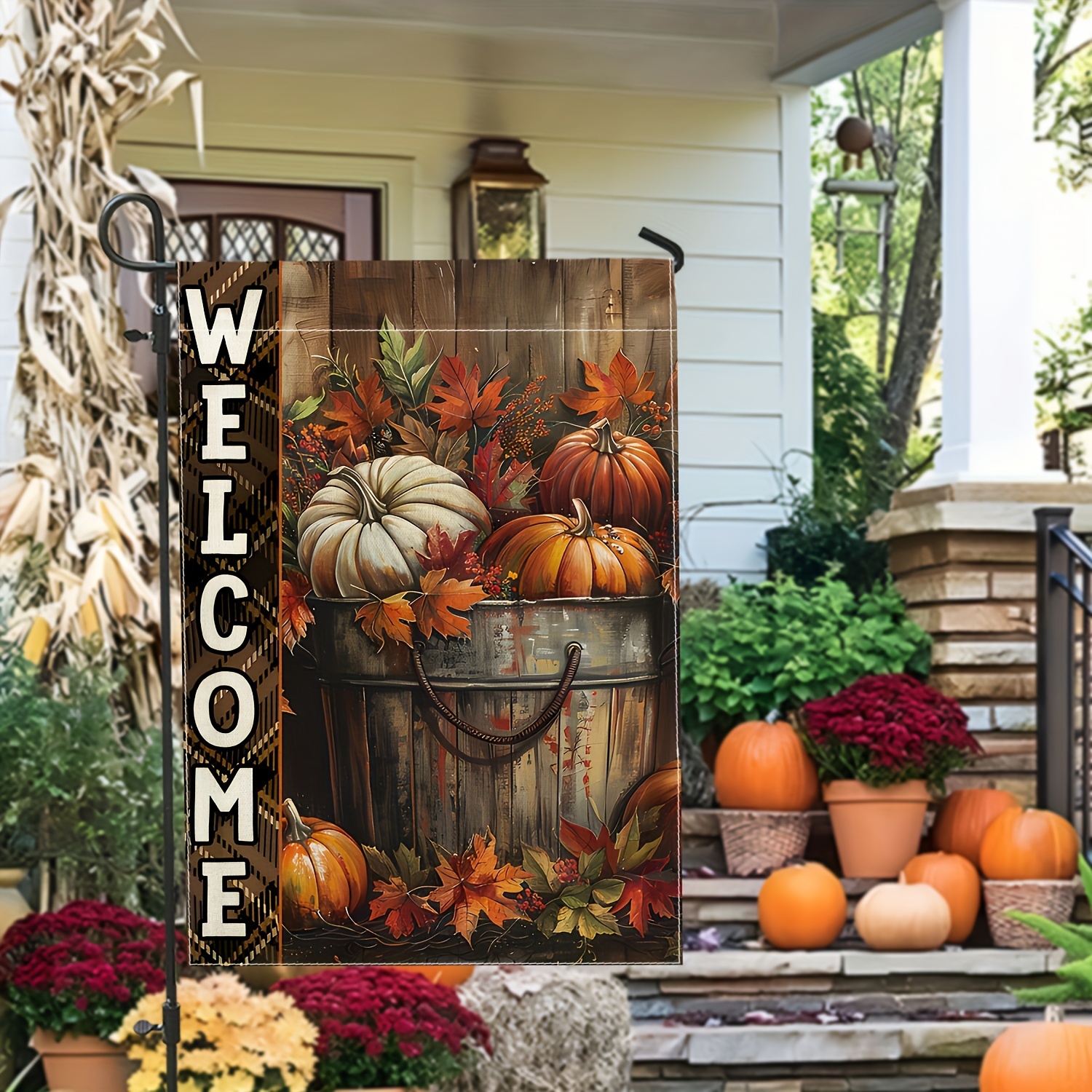 

Fall Thanksgiving Pumpkin And Autumn Leaves Welcome Garden Flag - Double-sided, Durable Polyester, Seasonal Outdoor Decoration, Fits Standard Flagpole, 12"x18" - Ideal For Garden, Patio Display