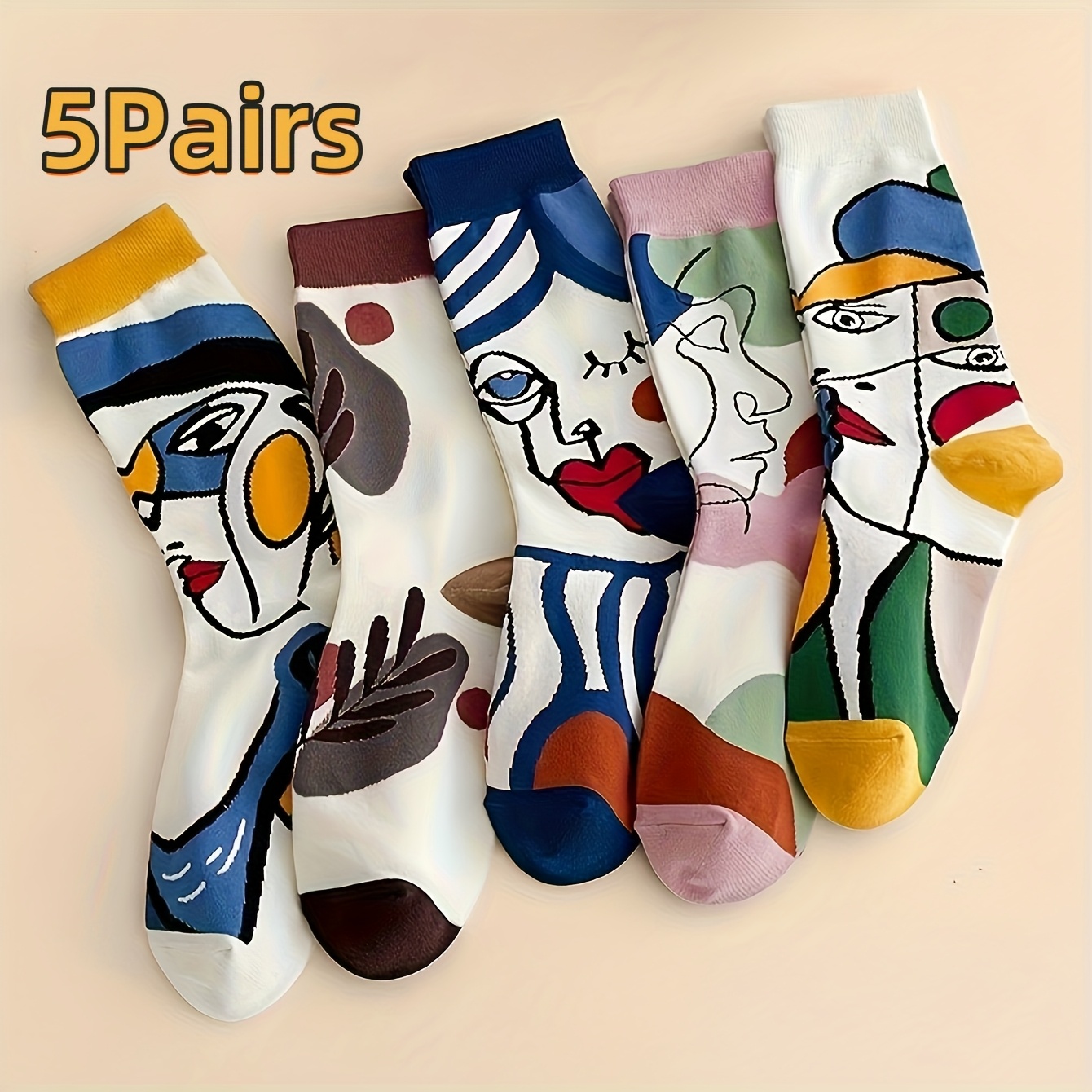 E-shop 5 Paar Ölmalerei Porträt Kunst Wadensocken, Modische und vielseitige Paar Socken