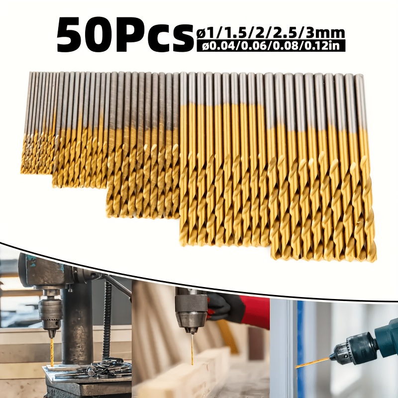 

50pcs Titanium-coated Steel Drill Bit Set, 135° Pointed Tip For Diy Crafts, Woodworking, Engraving & Jewelry Making - Sizes 1/25" To 1/8", Metal Cylinder